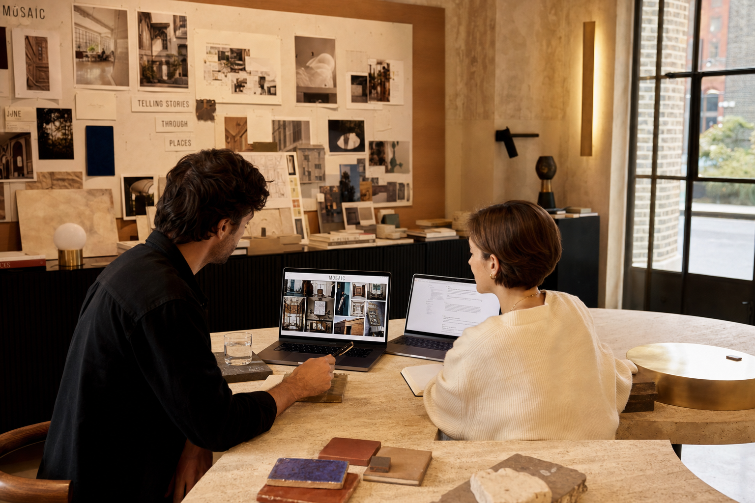 VMOTION LTD team reviewing composition boards in a warm limestone studio