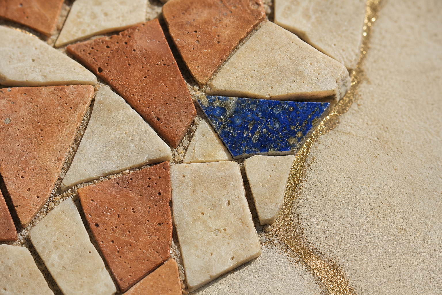 Close-up of cut limestone terracotta and lapis tessera detail