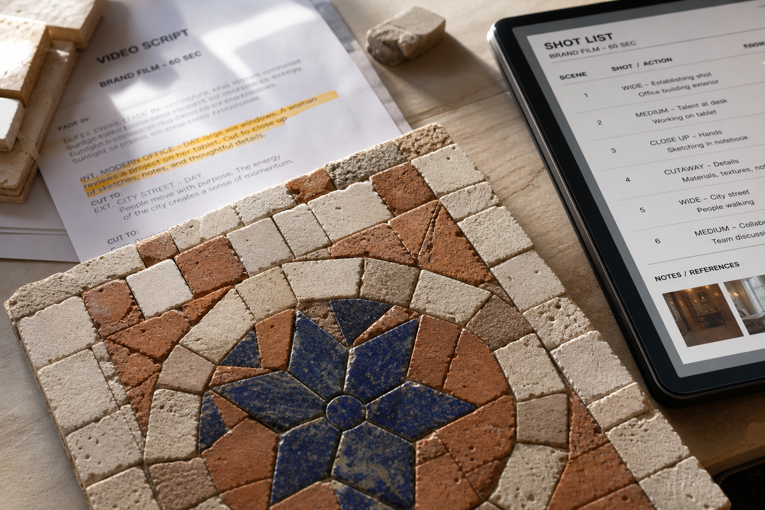 Limestone and terracotta sample board beside video scripts at VMOTION LTD