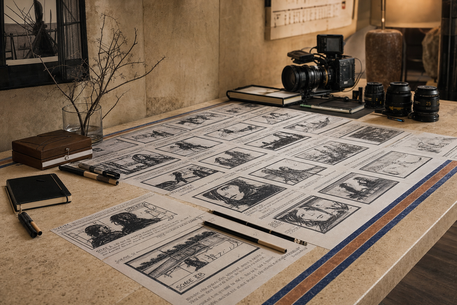 Storyboard tessera laid across a travertine production planning table